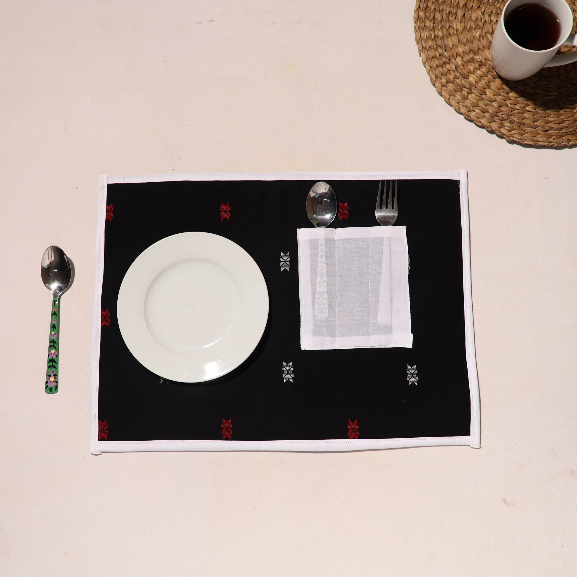 Black - Handcrafted Jacquard Table Mat With Pocket 04