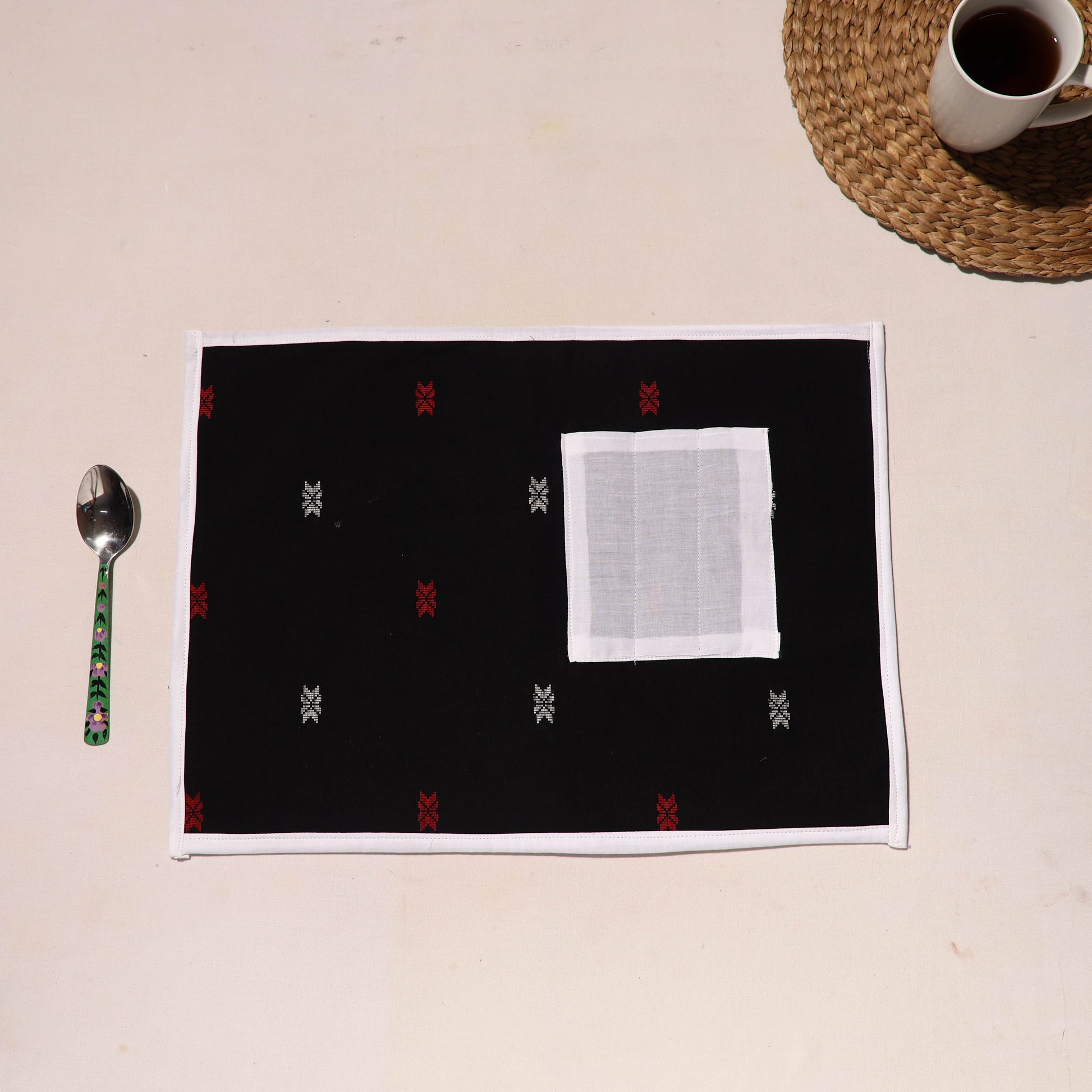 Black - Handcrafted Jacquard Table Mat With Pocket 04