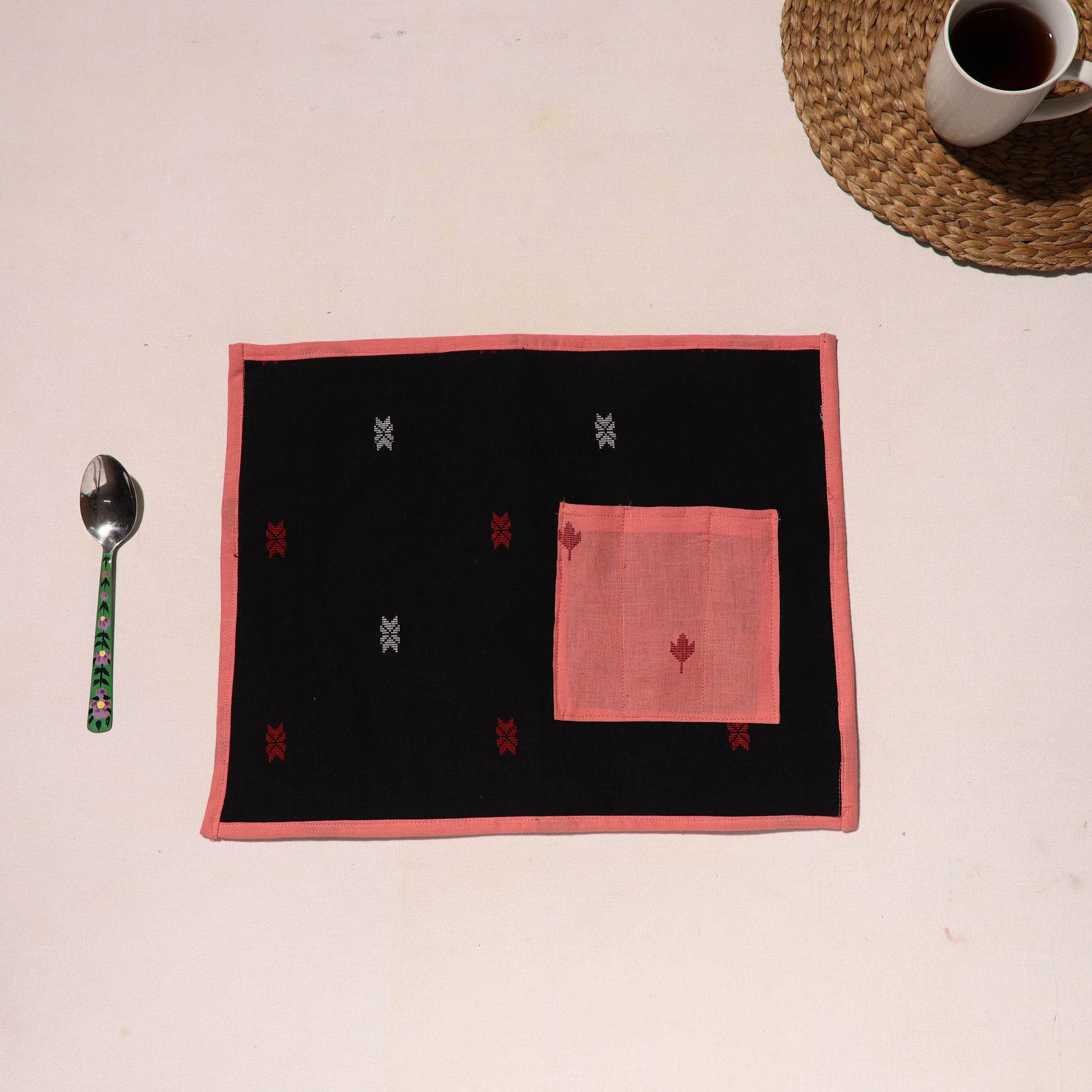 Black - Handcrafted Jacquard Table Mat With Pocket 10