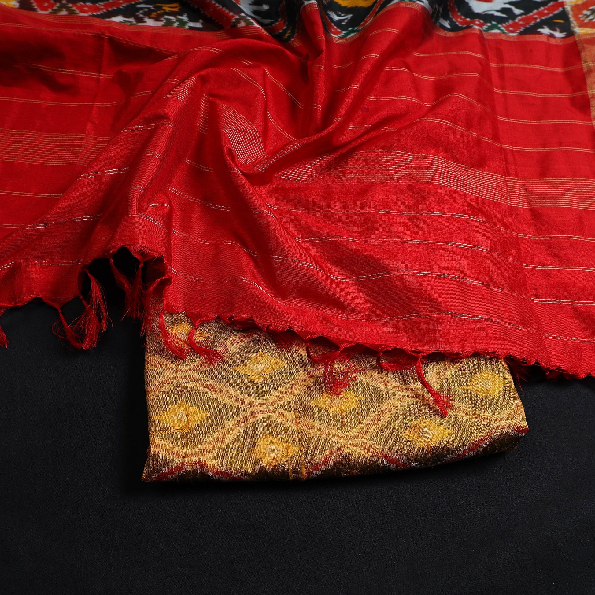 Brown - 2pc Mulberry Silk Pochampally Ikat Dress Material Set 09