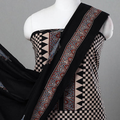 Black - Hand Block Print Cotton 3pc Ajrakh Dress Material 12