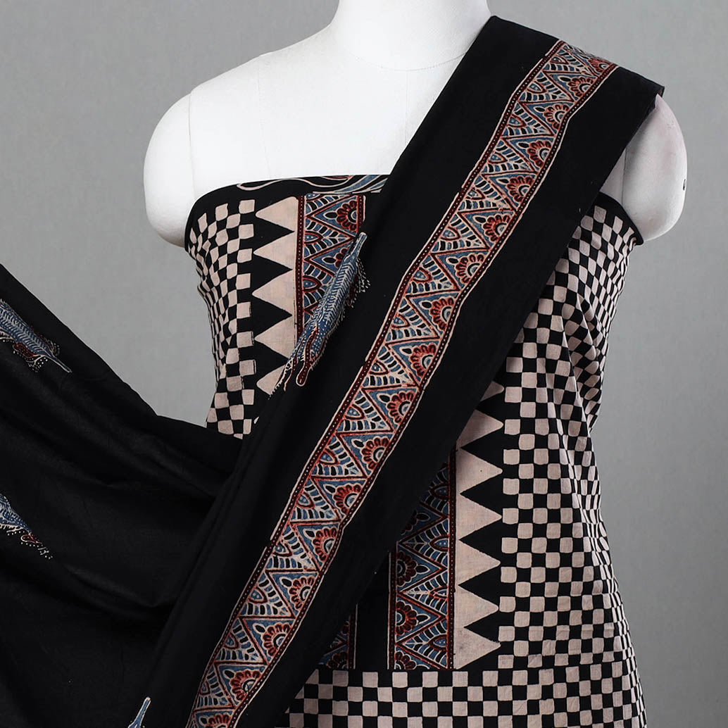 Black - Hand Block Print Cotton 3pc Ajrakh Dress Material 12