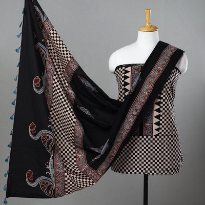 Black - Hand Block Print Cotton 3pc Ajrakh Dress Material 12
