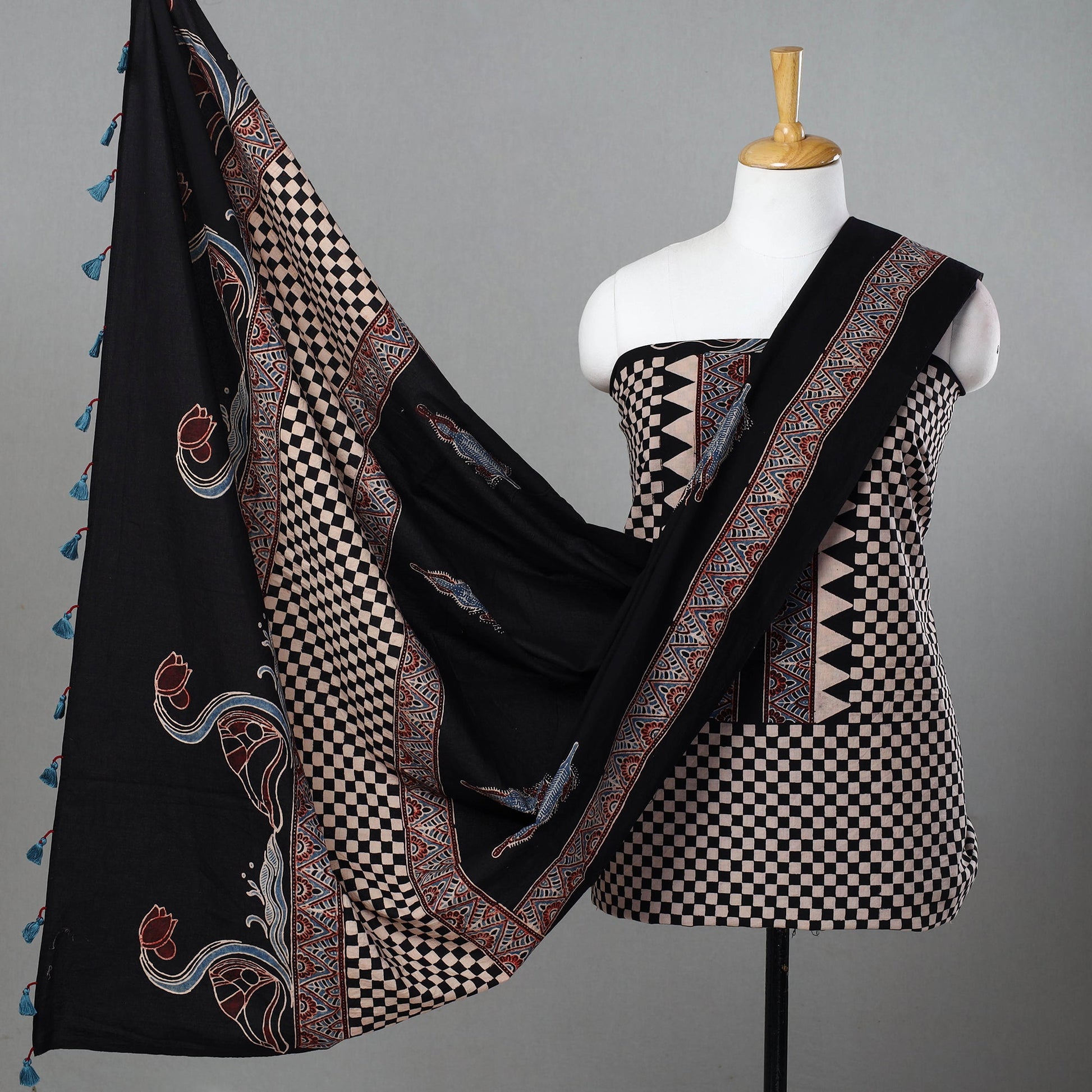 Black - Hand Block Print Cotton 3pc Ajrakh Dress Material 12