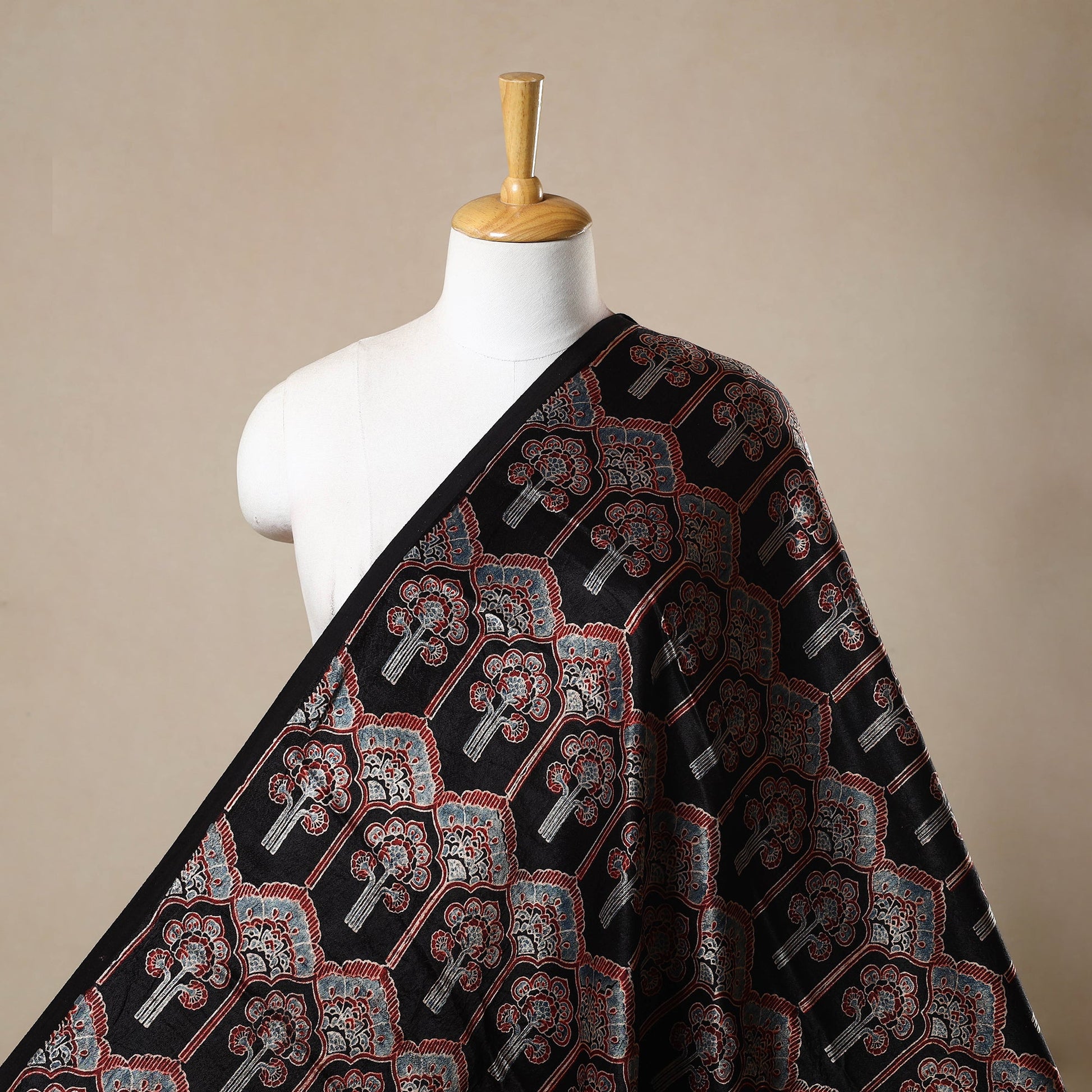 Black - Block Print Mashru Silk Natural Dyed Ajrakh Fabric 70