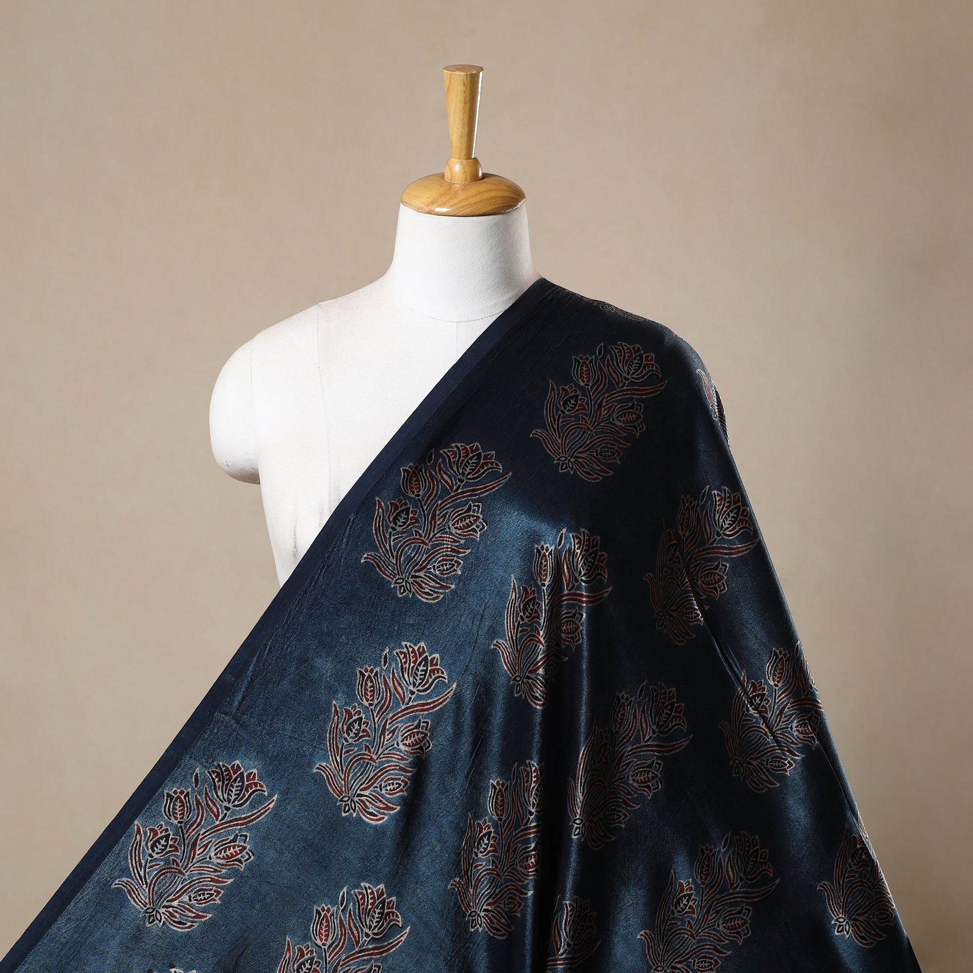 Blue - Block Print Mashru Silk Natural Dyed Ajrakh Fabric 73