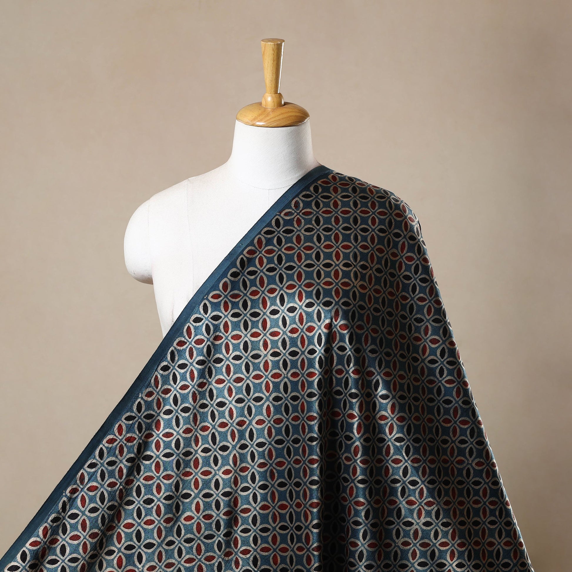 Blue - Block Print Mashru Silk Natural Dyed Ajrakh Fabric 80