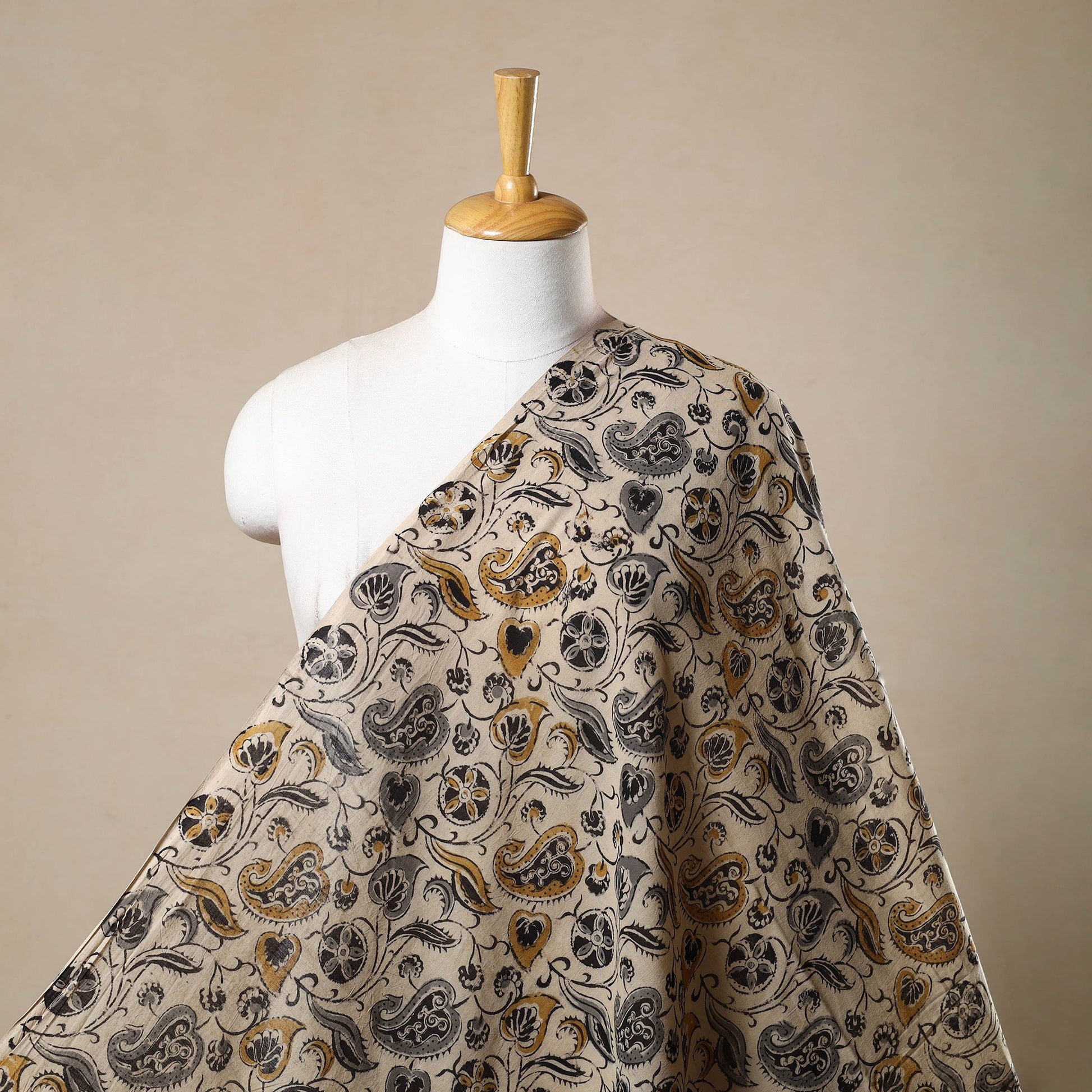 Beige - Pedana Hand Block Print Mul Cotton Kalamkari Fabric 08