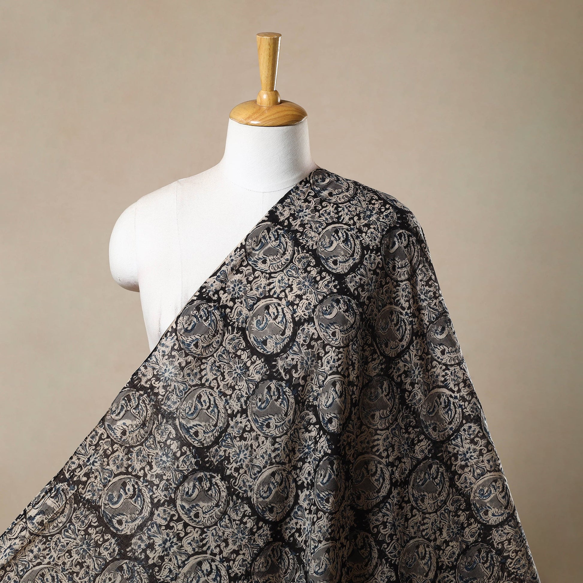 Black - Pedana Hand Block Print Mul Cotton Kalamkari Fabric 12