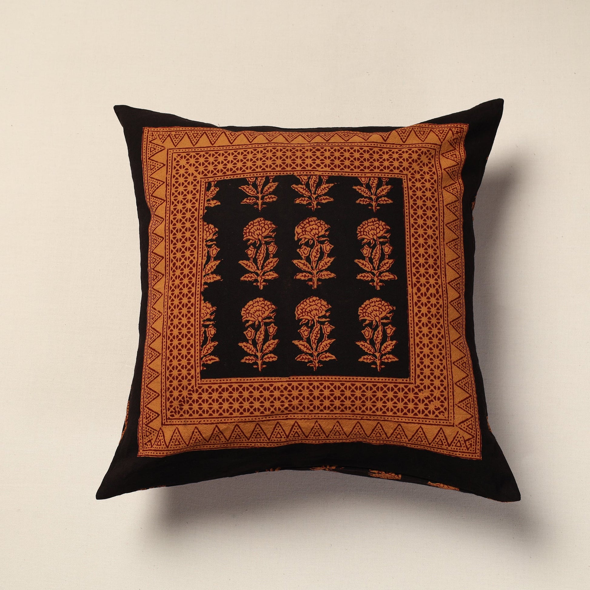 Black - Bagh Block Printed Cotton Cushion Cover (16 x 16 in)