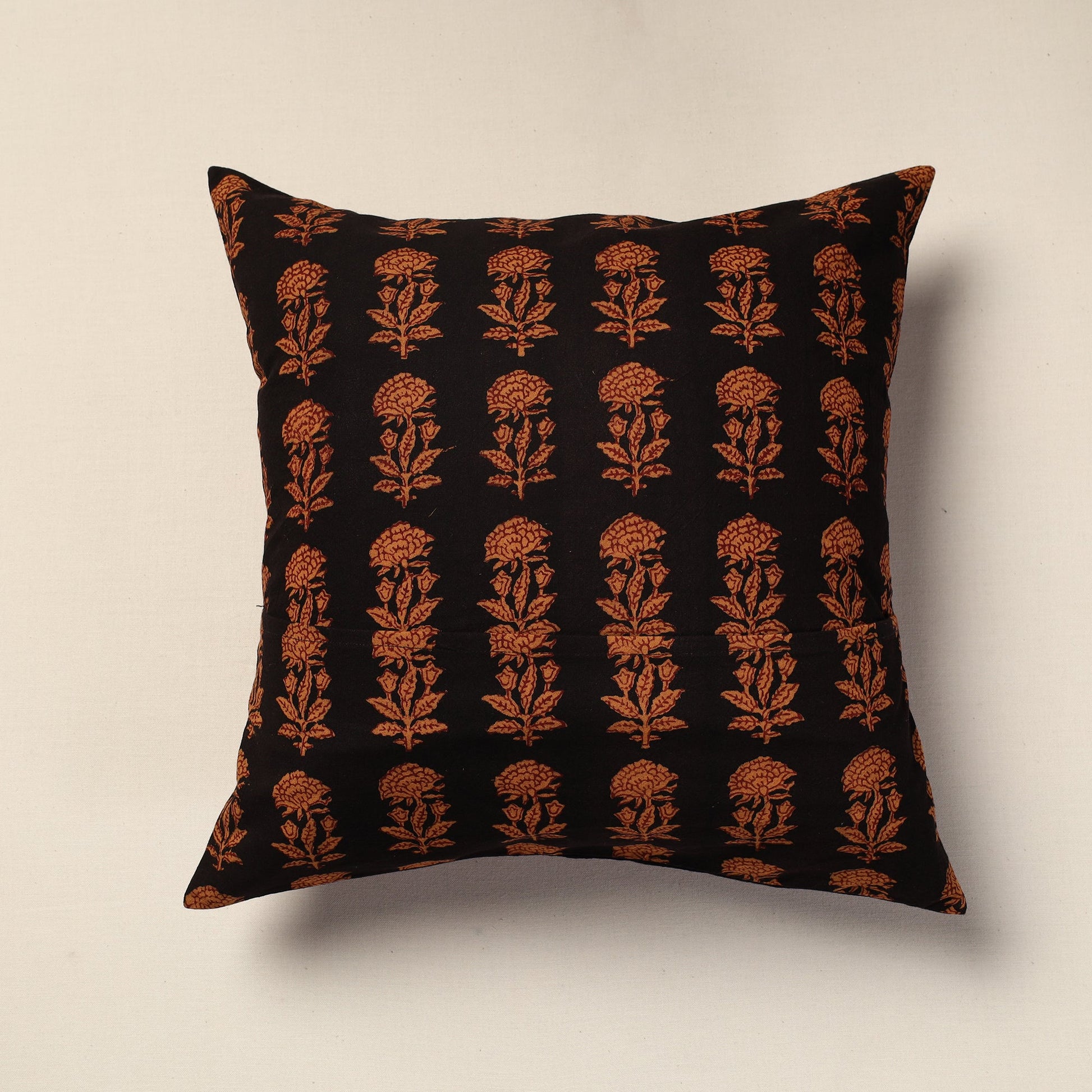 Black - Bagh Block Printed Cotton Cushion Cover (16 x 16 in)