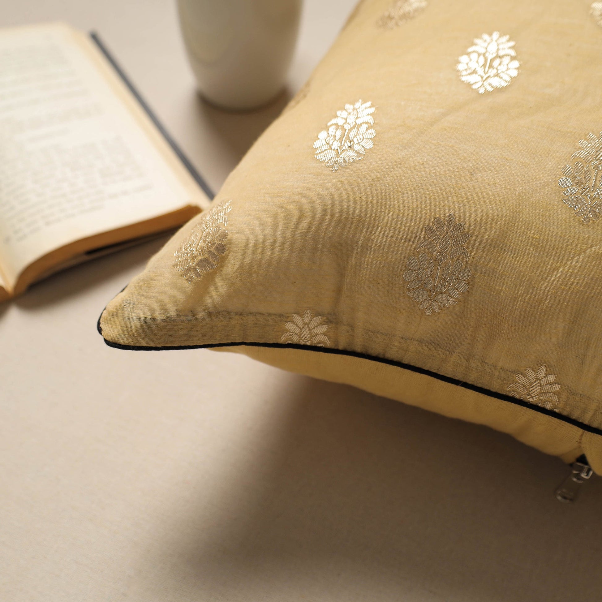 Beige - Silk Banarasi Cushion Cover with Zari Work 15