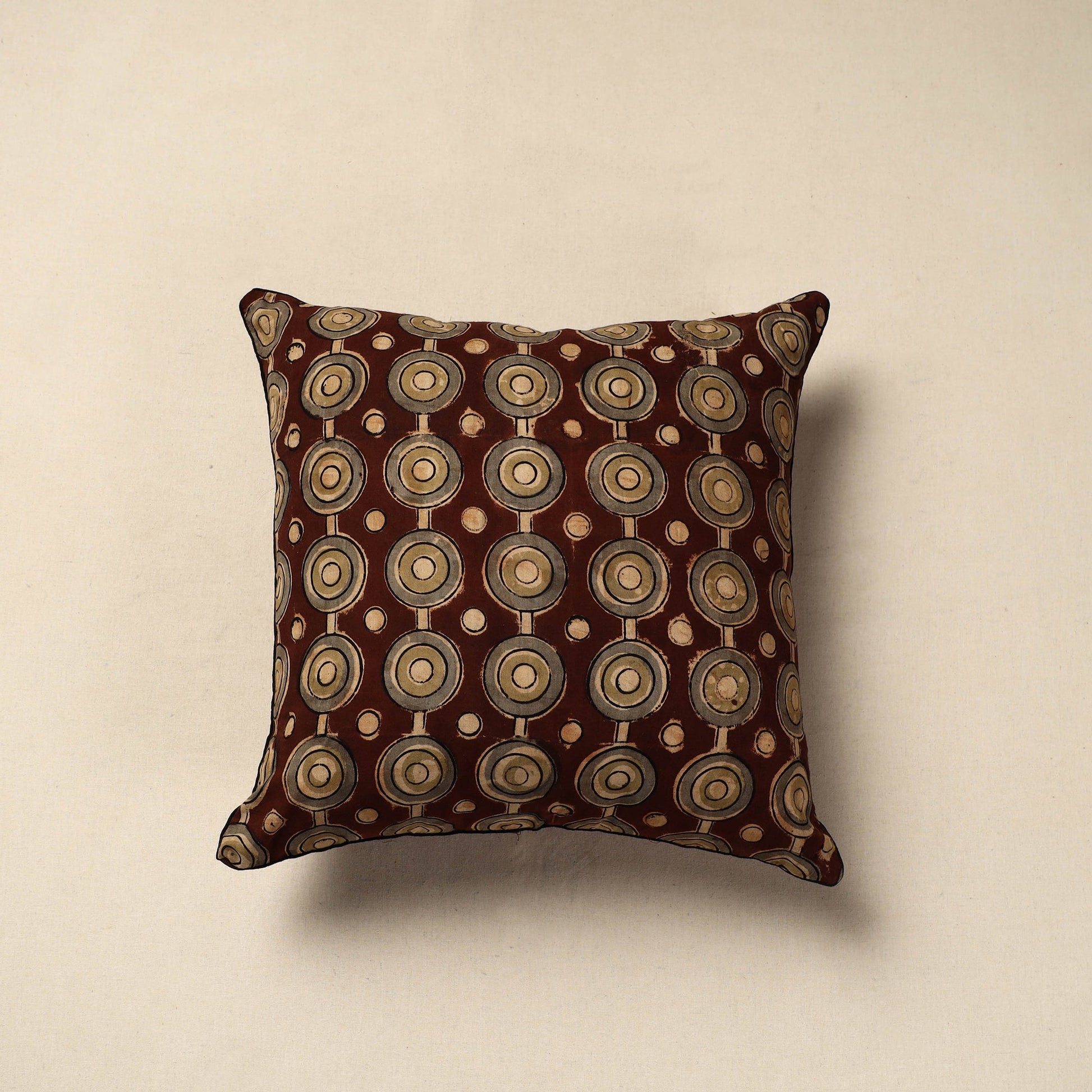 Brown - Block Print Cotton Kalamkari Cushion Cover 19