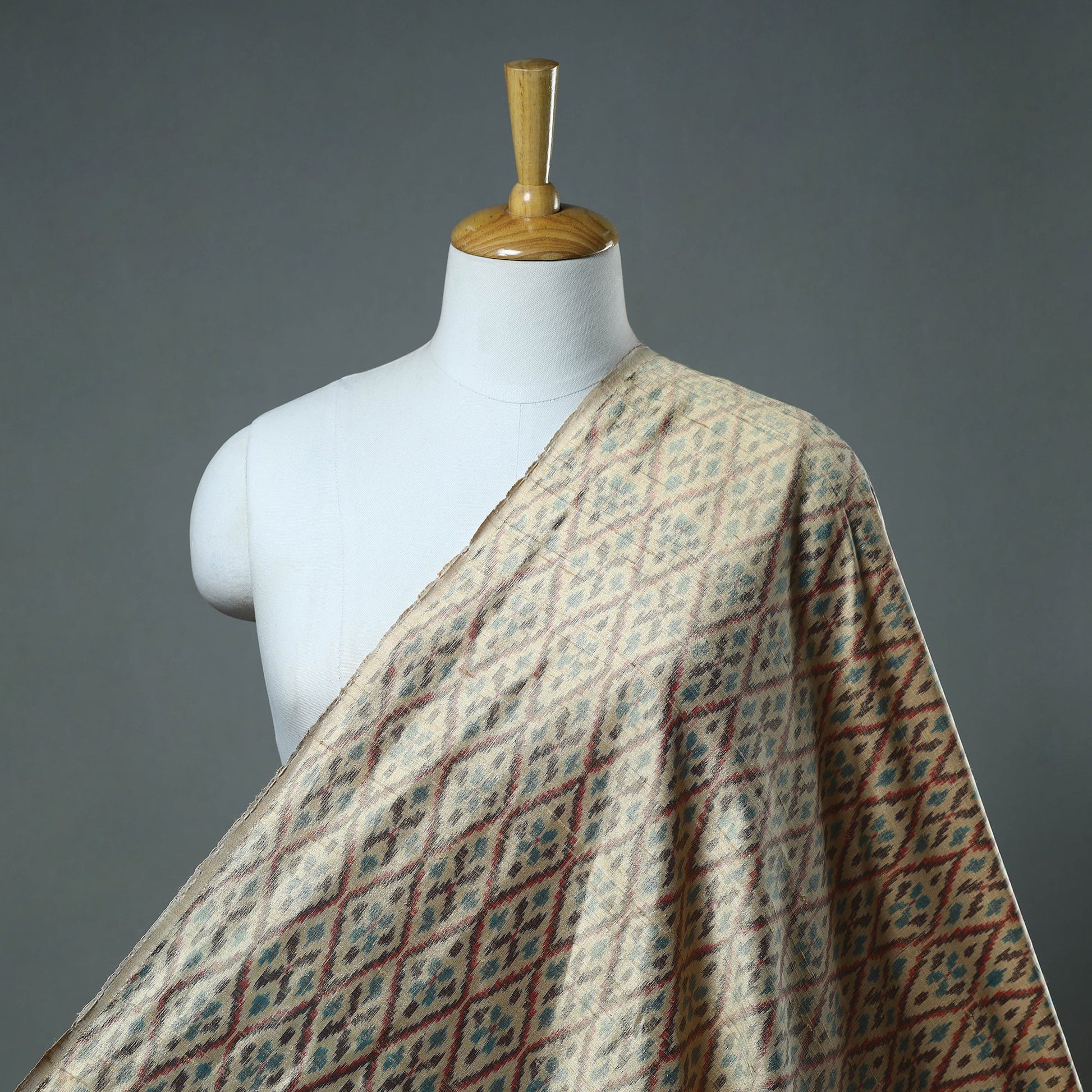 Beige - Pure Handloom Raw Silk Pochampally Ikat Fabric 02