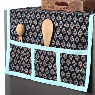 Black - Ajrakh Block Printed Cotton Fridge Top Cover with Multiple Pockets