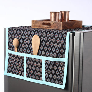 Black - Ajrakh Block Printed Cotton Fridge Top Cover with Multiple Pockets