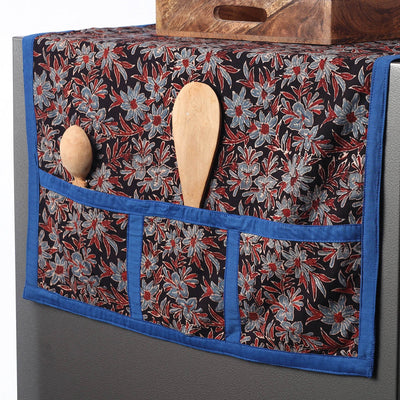 Black - Ajrakh Block Printed Cotton Fridge Top Cover with Multiple Pockets