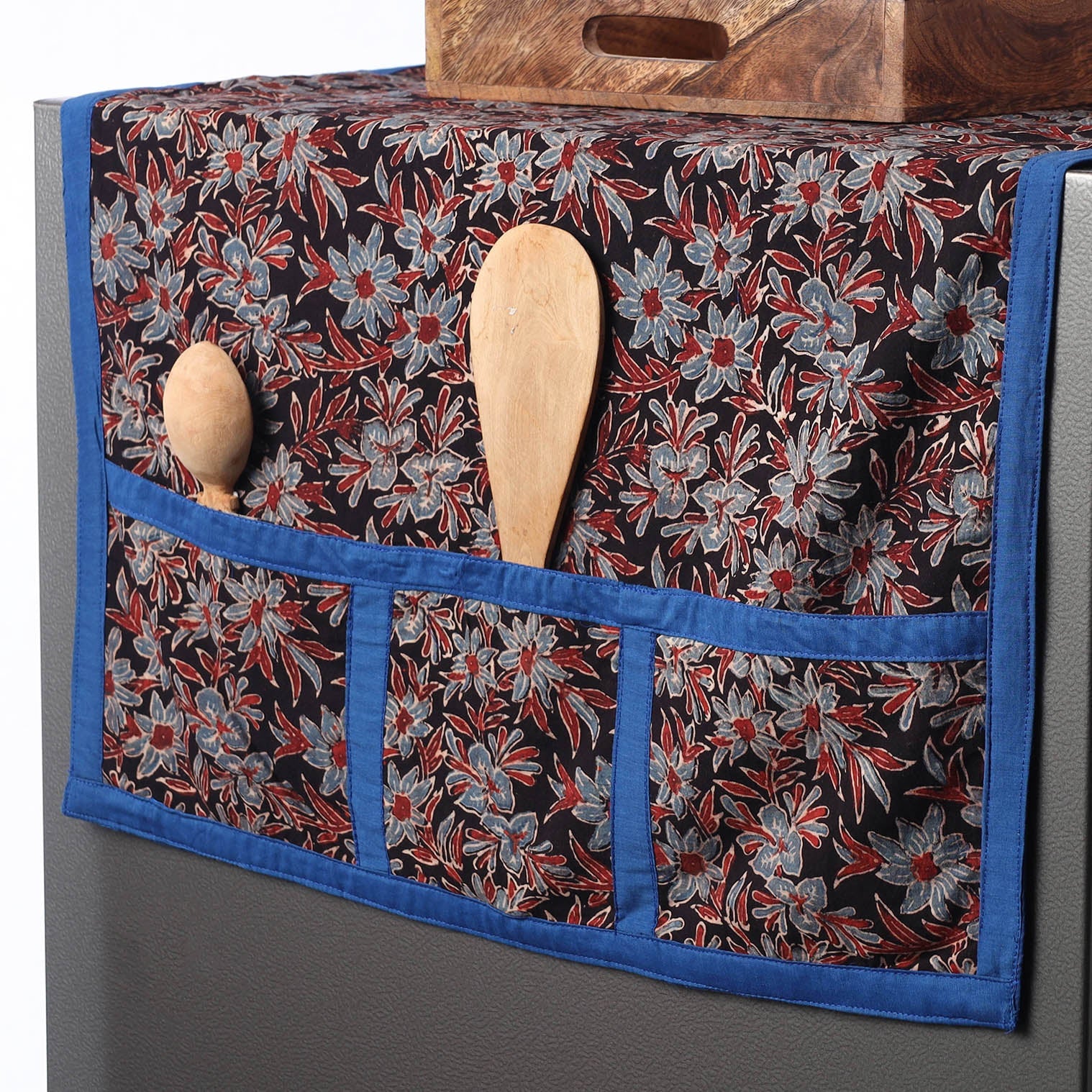 Black - Ajrakh Block Printed Cotton Fridge Top Cover with Multiple Pockets