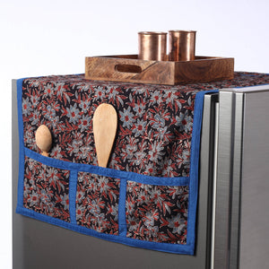 Black - Ajrakh Block Printed Cotton Fridge Top Cover with Multiple Pockets