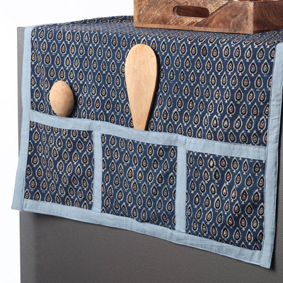 Blue - Ajrakh Block Printed Cotton Fridge Top Cover with Multiple Pockets