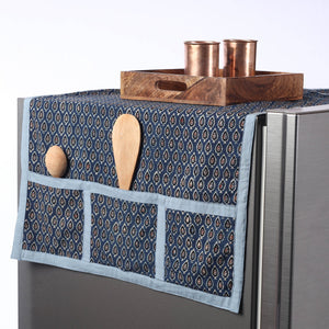 Blue - Ajrakh Block Printed Cotton Fridge Top Cover with Multiple Pockets