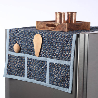 Blue - Ajrakh Block Printed Cotton Fridge Top Cover with Multiple Pockets