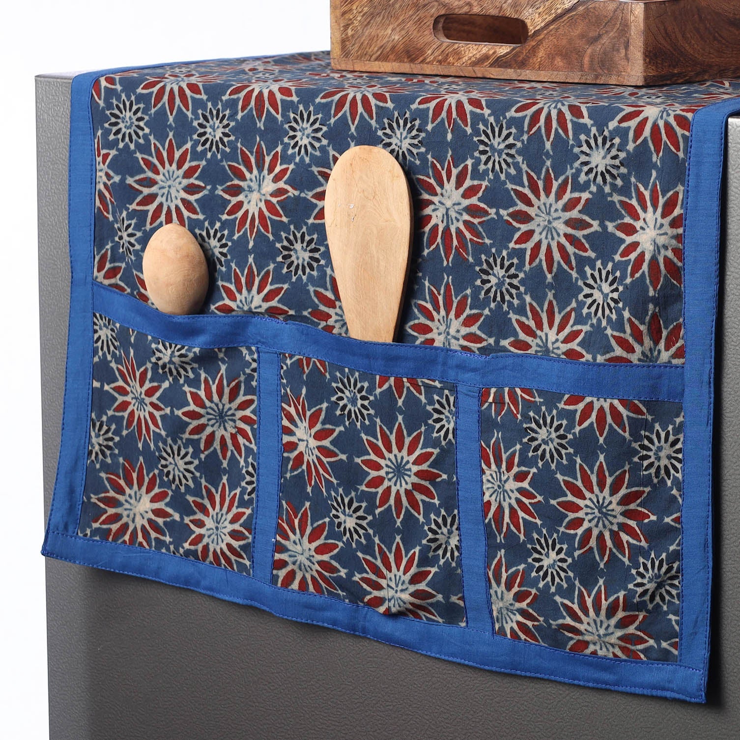 Blue - Ajrakh Block Printed Cotton Fridge Top Cover with Multiple Pockets