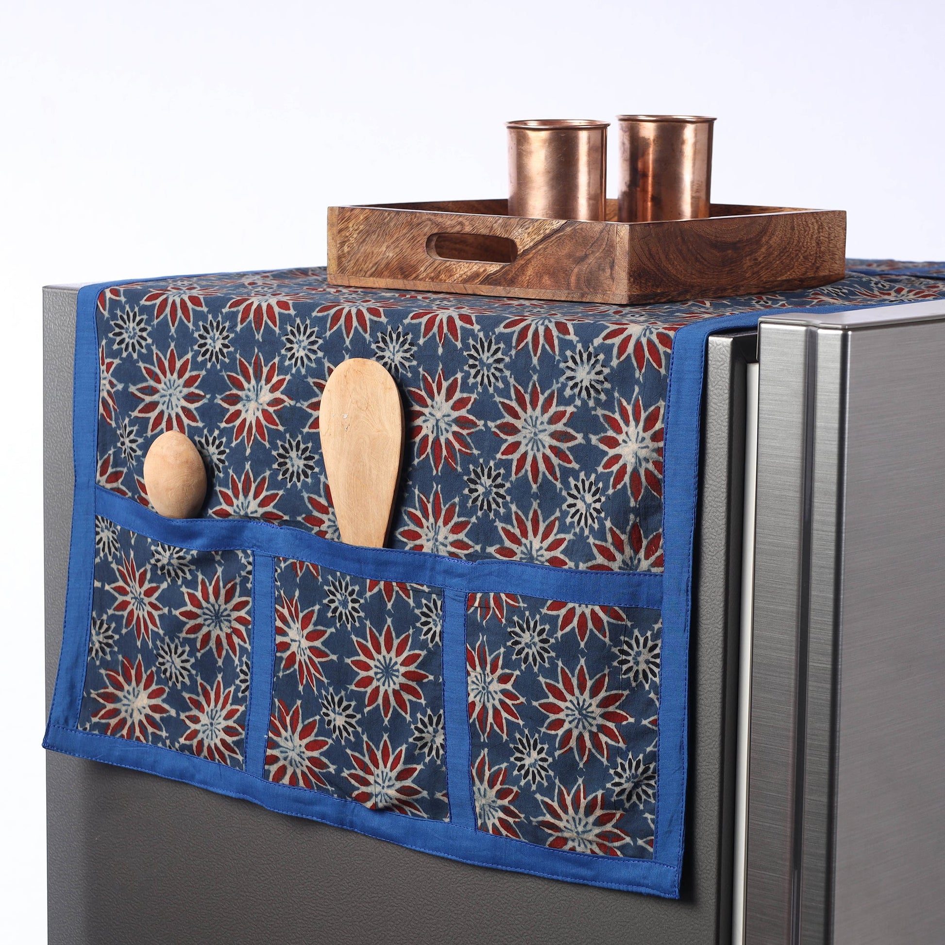 Blue - Ajrakh Block Printed Cotton Fridge Top Cover with Multiple Pockets