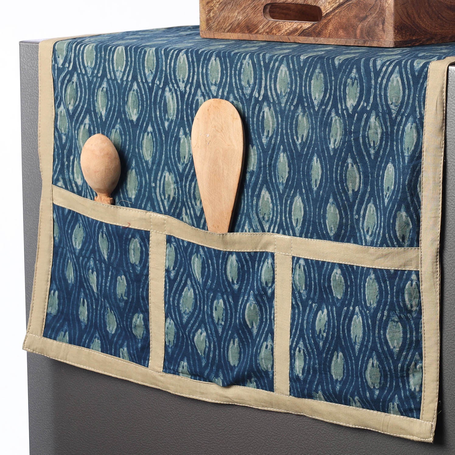 Blue - Ajrakh Block Printed Cotton Fridge Top Cover with Multiple Pockets