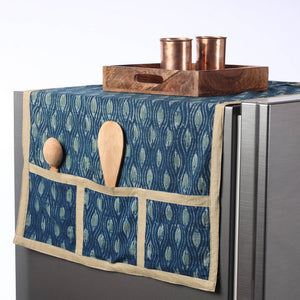Blue - Ajrakh Block Printed Cotton Fridge Top Cover with Multiple Pockets