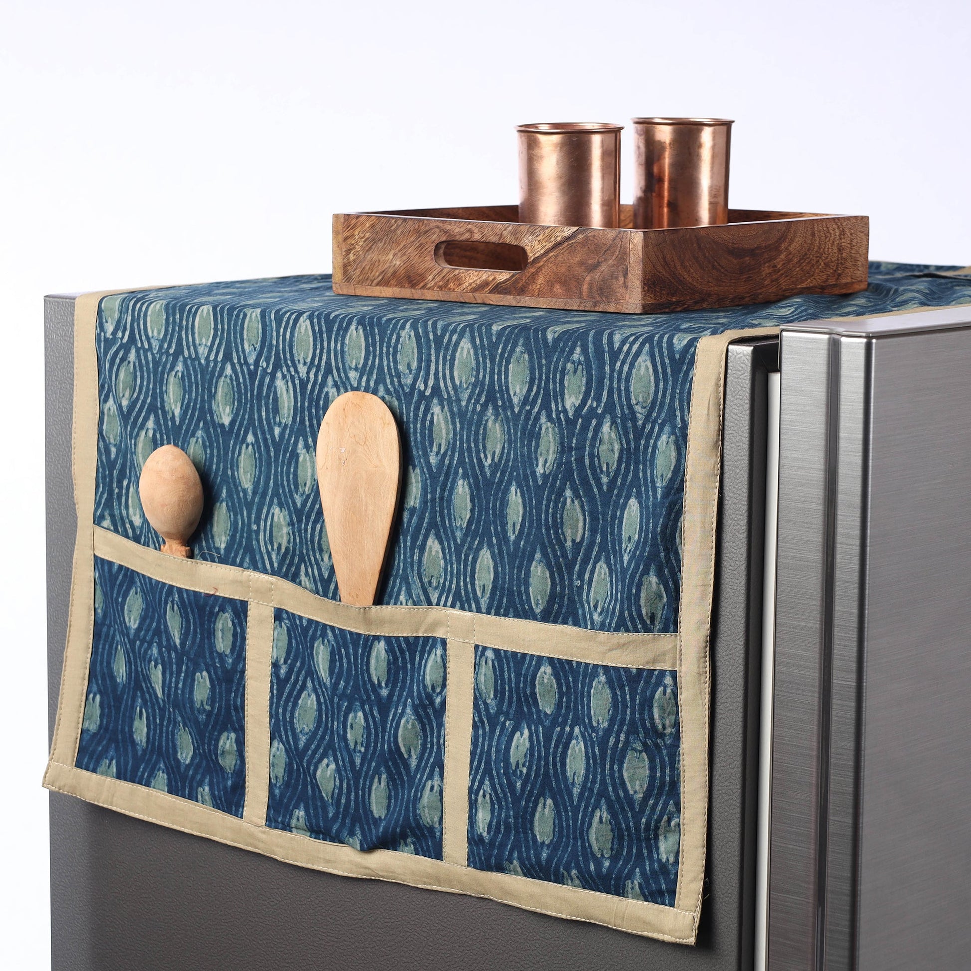 Blue - Ajrakh Block Printed Cotton Fridge Top Cover with Multiple Pockets