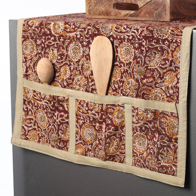Brown - Kalamkari Block Printed Cotton Fridge Top Cover with Multiple Pockets