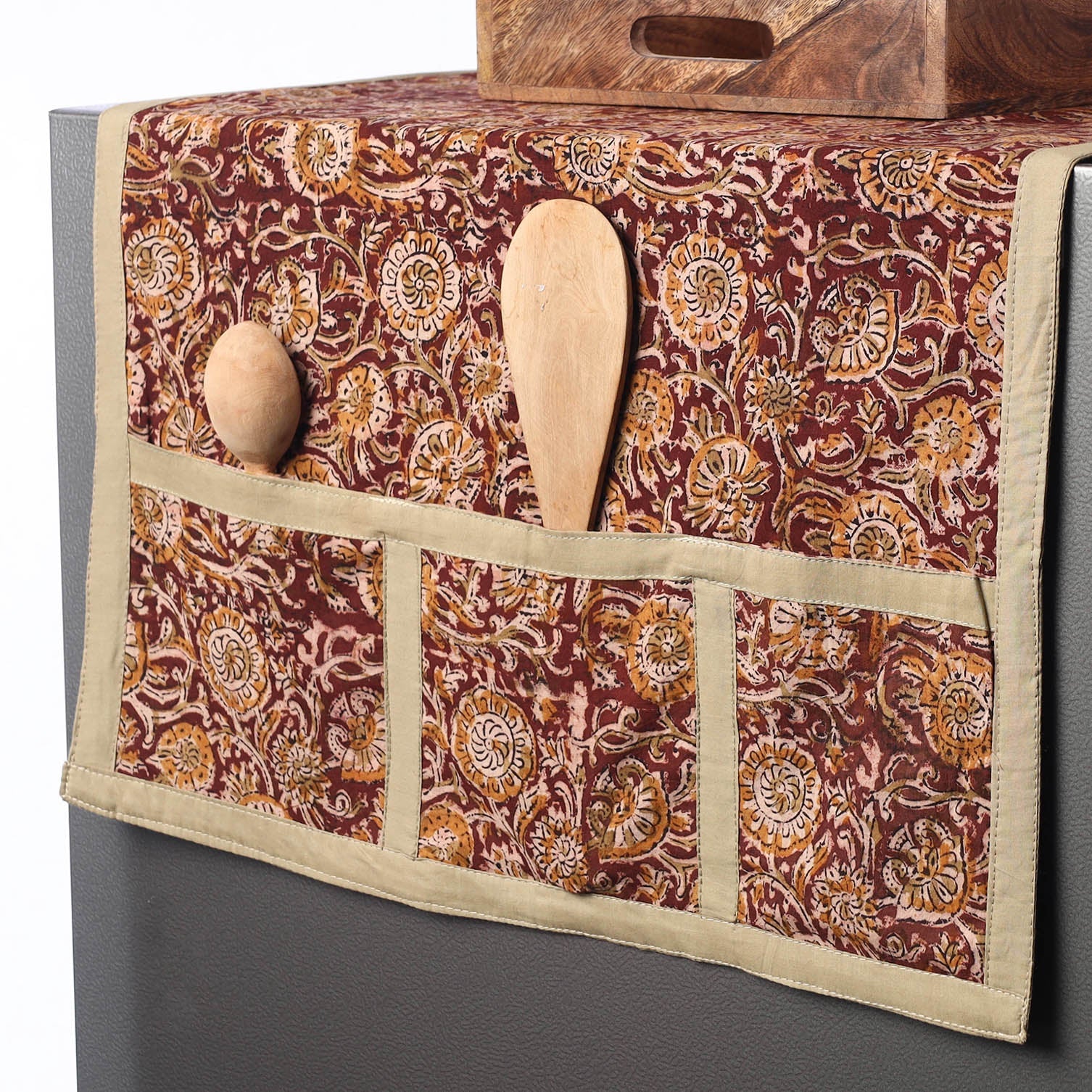 Brown - Kalamkari Block Printed Cotton Fridge Top Cover with Multiple Pockets