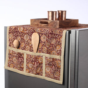 Brown - Kalamkari Block Printed Cotton Fridge Top Cover with Multiple Pockets