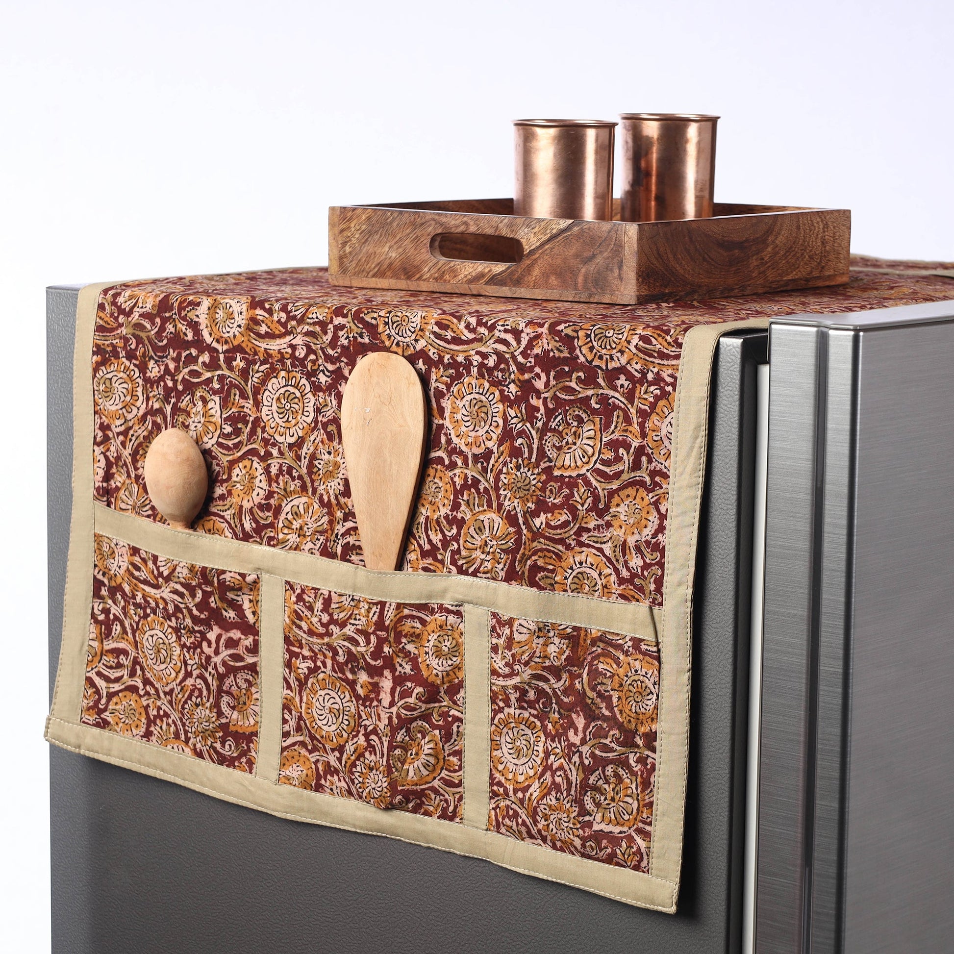 Brown - Kalamkari Block Printed Cotton Fridge Top Cover with Multiple Pockets