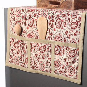 Beige - Kalamkari Block Printed Cotton Fridge Top Cover with Multiple Pockets