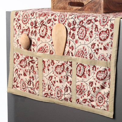 Beige - Kalamkari Block Printed Cotton Fridge Top Cover with Multiple Pockets