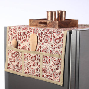 Beige - Kalamkari Block Printed Cotton Fridge Top Cover with Multiple Pockets