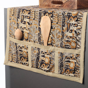 Black - Kalamkari Block Printed Cotton Fridge Top Cover with Multiple Pockets