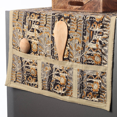 Black - Kalamkari Block Printed Cotton Fridge Top Cover with Multiple Pockets