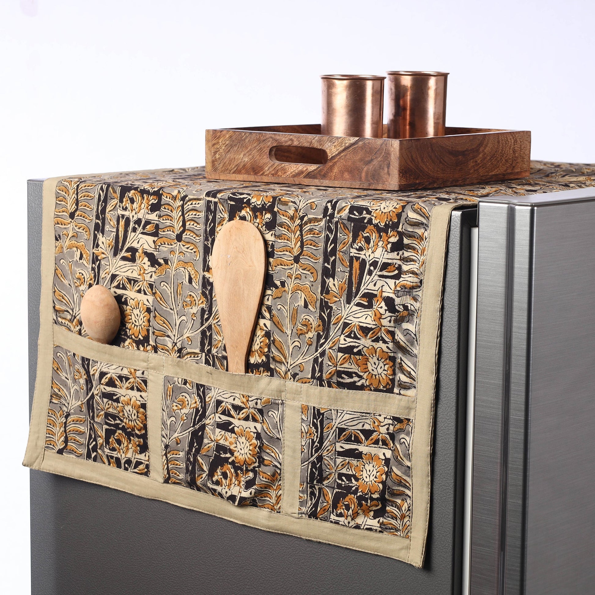 Black - Kalamkari Block Printed Cotton Fridge Top Cover with Multiple Pockets