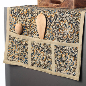 Black - Kalamkari Block Printed Cotton Fridge Top Cover with Multiple Pockets