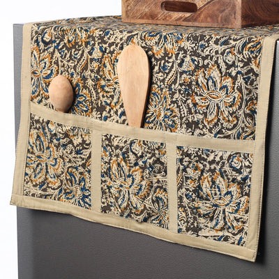 Black - Kalamkari Block Printed Cotton Fridge Top Cover with Multiple Pockets