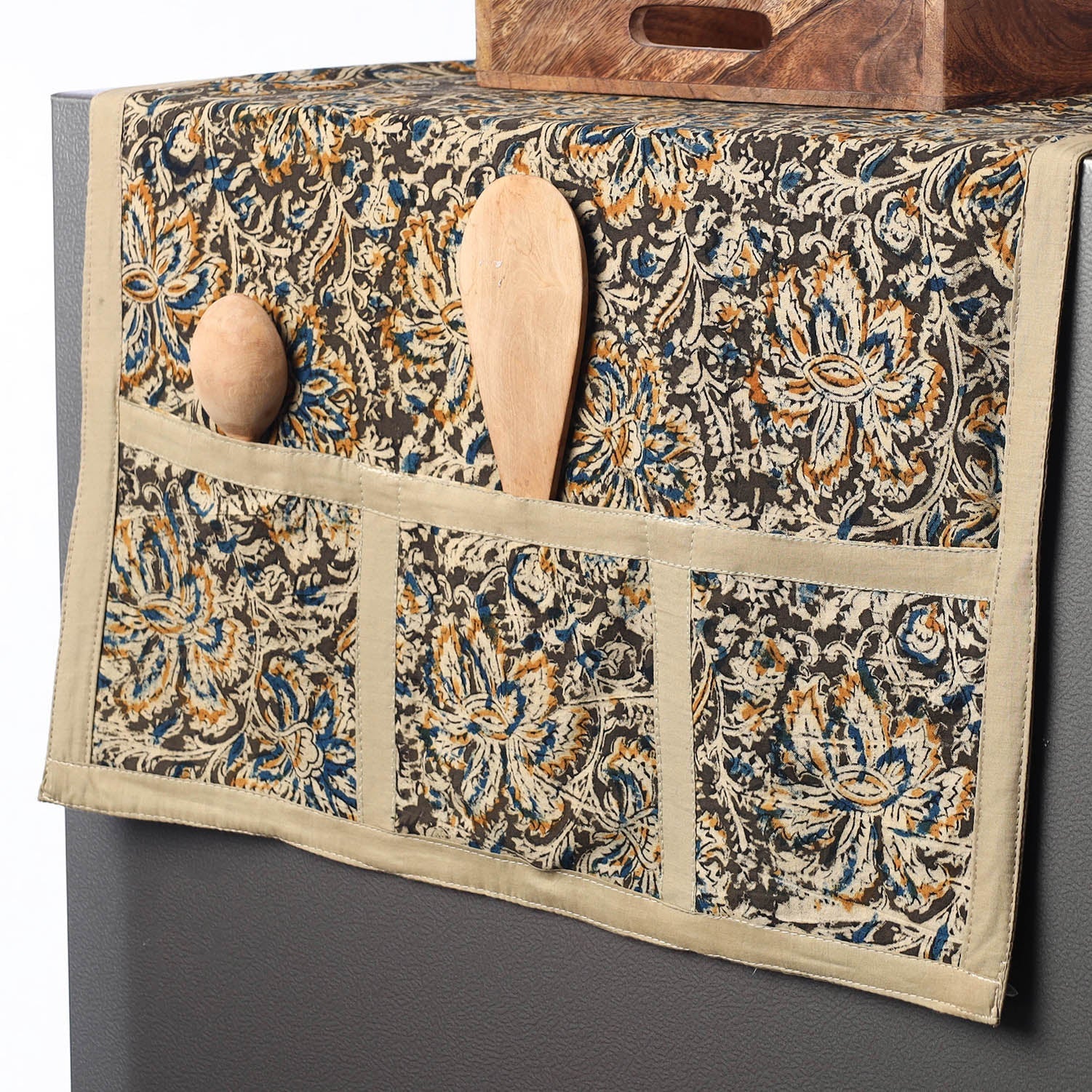 Black - Kalamkari Block Printed Cotton Fridge Top Cover with Multiple Pockets