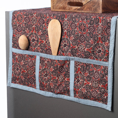 Brown - Ajrakh Block Printed Cotton Fridge Top Cover with Multiple Pockets