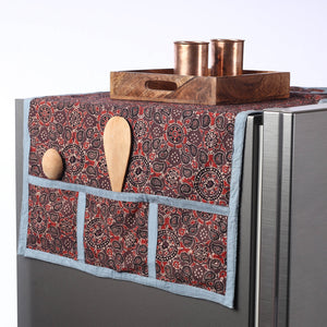 Brown - Ajrakh Block Printed Cotton Fridge Top Cover with Multiple Pockets