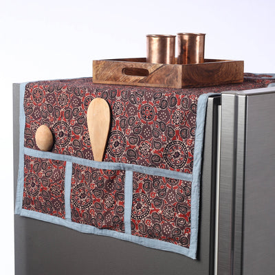 Brown - Ajrakh Block Printed Cotton Fridge Top Cover with Multiple Pockets