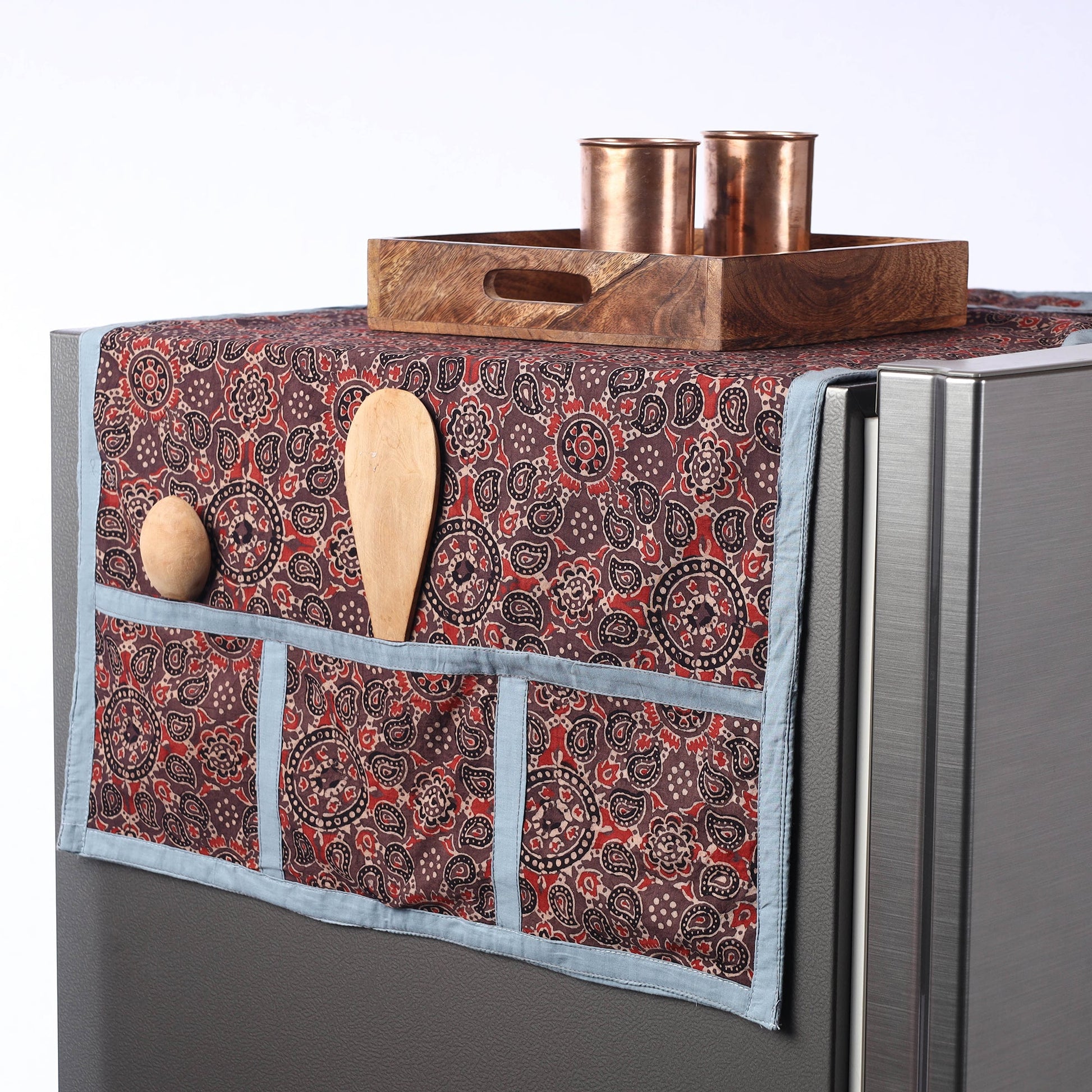 Brown - Ajrakh Block Printed Cotton Fridge Top Cover with Multiple Pockets