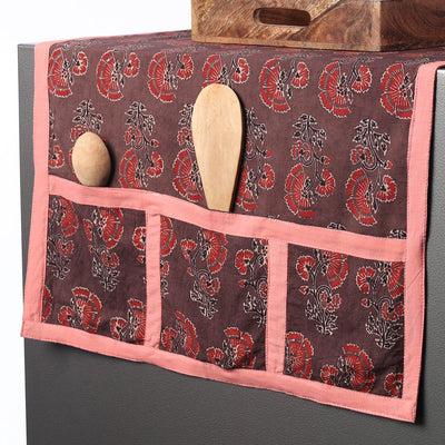 Brown - Ajrakh Block Printed Cotton Fridge Top Cover with Multiple Pockets