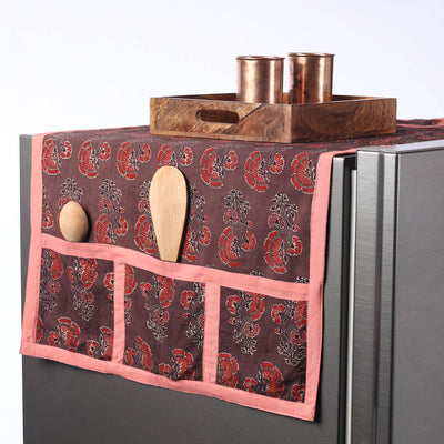 Brown - Ajrakh Block Printed Cotton Fridge Top Cover with Multiple Pockets